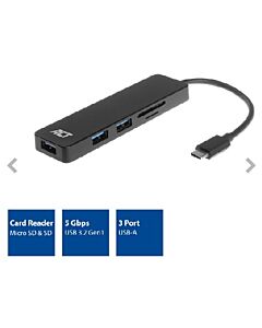 ACT HUB USB-C 3x USB-A 3.2 Gen 1 Kaartlezer SD & MicroSD Zw